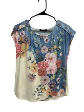 Ecla Medium Blue Cream Floral Cap Sleeve Top Button Detail Boho Cottagecore
